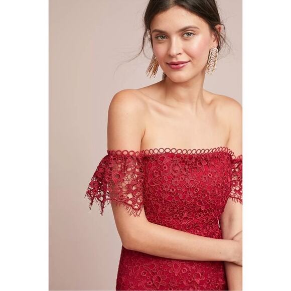 ML Monique Lhuillier Womens Red Raspberry Off The Shoulder Lace Overlay Dress 0P - Picture 9 of 13